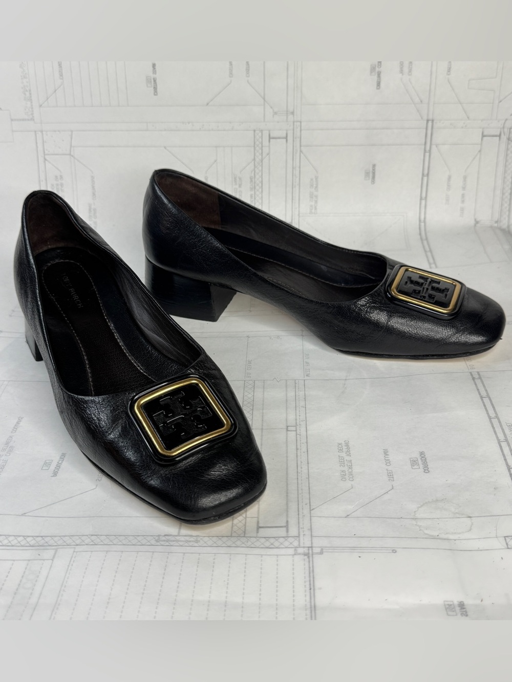 Tory Burch Black Leather Low Block Heel Pumps with Gold Emblem